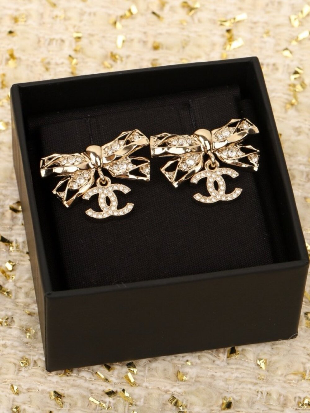 Chanel Gold-Tone Crystal Bow CC Drop Earrings